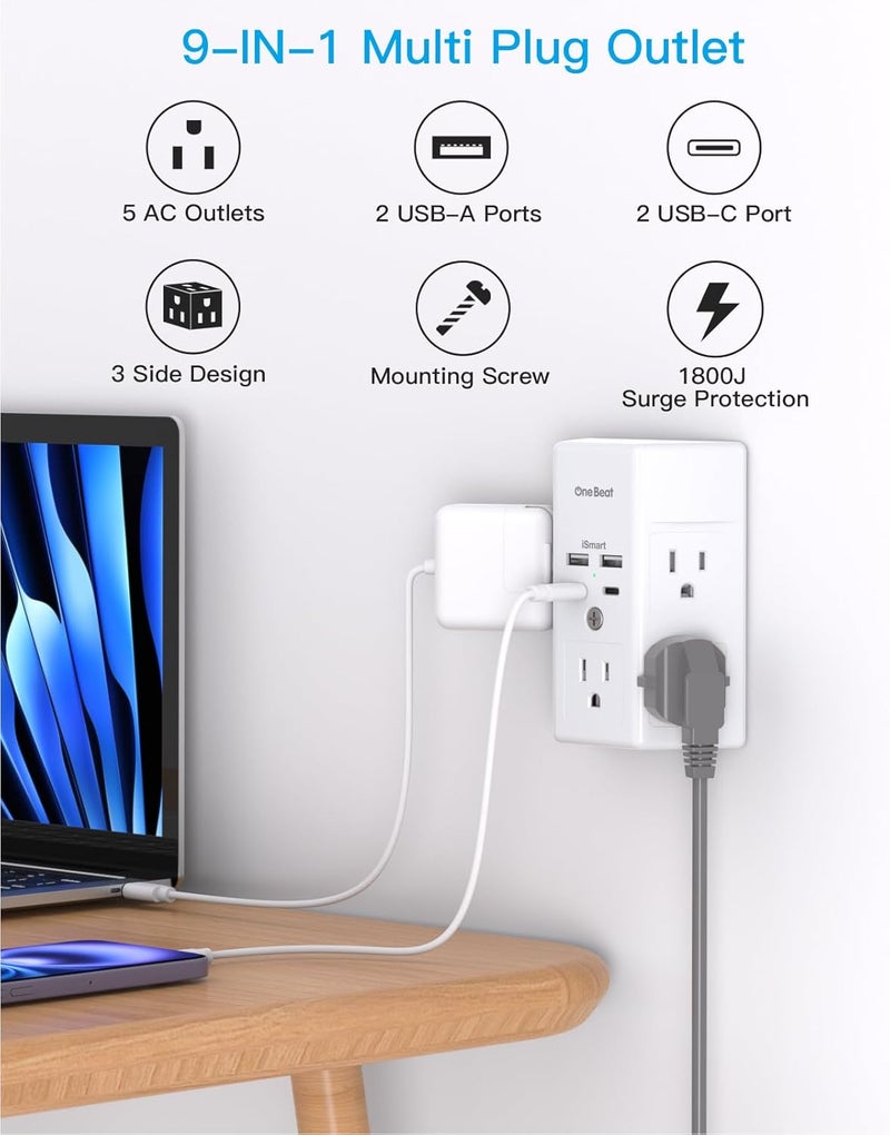 One Beat Multi Plug Outlet, Surge Protector, 5 Outlet Extender with 4 USB Ports (2 USB-C), PD 20W Wall Charger, 3-Sided 1800J Power Strip Outlets Splitter Wall Plug Adapter Spaced for Home Office, White - Image 3